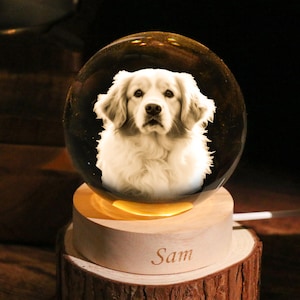 May include: A glass sphere featuring a white dog portrait, set on a wooden base with the name "Sam" engraved. The base is illuminated, and the sphere is placed on a larger, rustic wooden log slice. The background is dark.