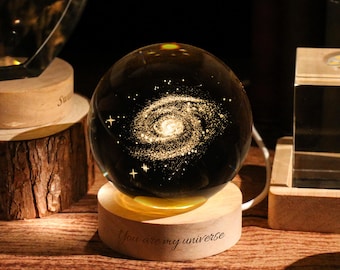 3D Inner Carving Lamp - Crystal Ball Solar System LED Light with Wooden Base, Customized Galaxy Globe, Astronomy Gift for Space Lovers