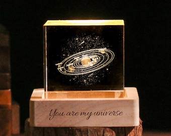 3D Inner Carving Lamp - Custom Planet Crystal Brick Cube, Solar System LED Light with Wooden Base, Gifts for astronomy enthusiasts