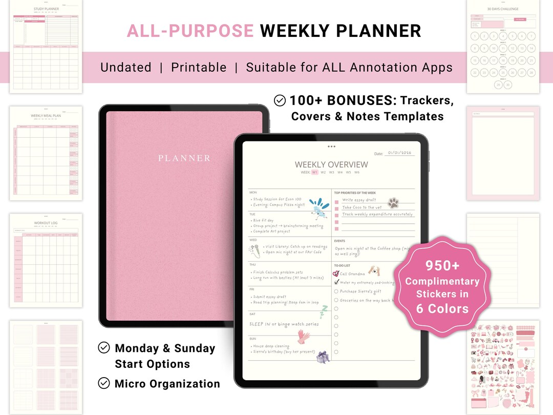 2026 Soft Pink Weekly Planner, Printable Templates, Digital PDF for ...