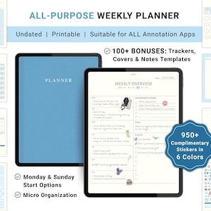 Planificador semanal digital 2026, sin fecha, PDF imprimible en azul hielo, libreta con hipervínculos para iPad y tableta, pegatinas GoodNotes de Xodo Notability