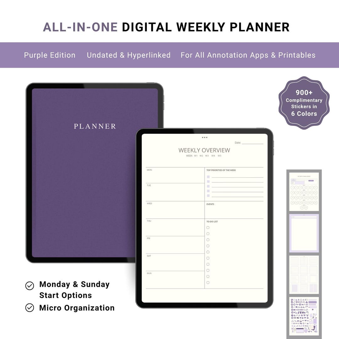 Minimalist Purple Digital Planner | Daily, Weekly Organizer | Undated ...