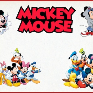 May include: A colorful image featuring the words "Mickey Mouse" in large red letters. The image includes cartoon illustrations of Mickey Mouse, Minnie Mouse, Donald Duck, Goofy, and Pluto. Mickey Mouse is also shown in a hoodie.