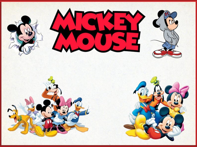 May include: A colorful image featuring the words "Mickey Mouse" in large red letters. The image includes cartoon illustrations of Mickey Mouse, Minnie Mouse, Donald Duck, Goofy, and Pluto. Mickey Mouse is also shown in a hoodie.