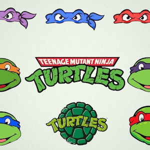 May include: A collection of Teenage Mutant Ninja Turtles graphics. The image includes the turtles' faces with different colored masks: purple, blue, and red. The TMNT logo is also present, along with the turtle shell logo.