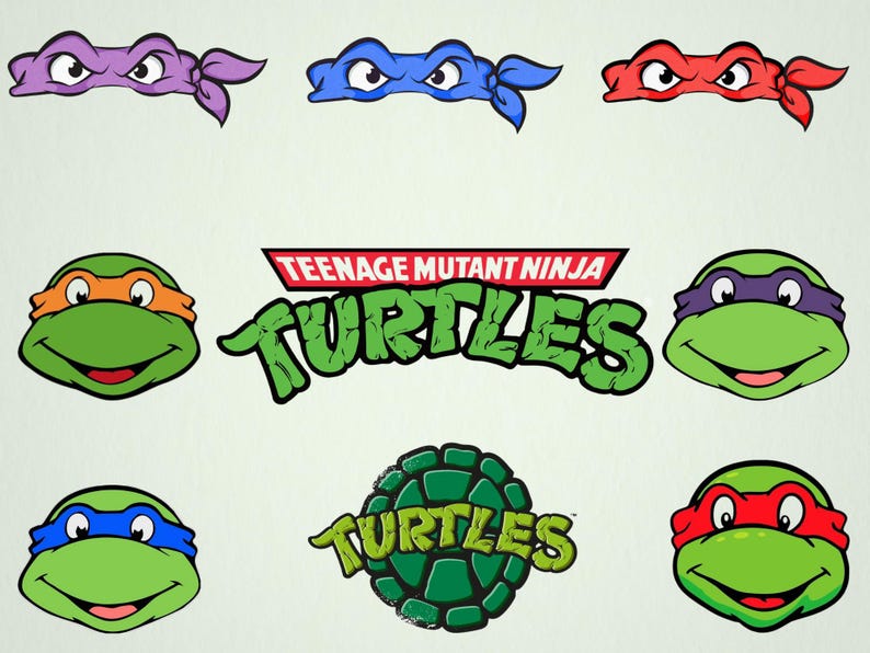 May include: A collection of Teenage Mutant Ninja Turtles graphics. The image includes the turtles' faces with different colored masks: purple, blue, and red. The TMNT logo is also present, along with the turtle shell logo.