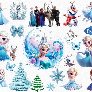 Può includere: Una collezione di illustrazioni digitali con personaggi ed elementi del film Disney "Frozen". Le immagini includono Elsa, Anna, Olaf, Kristoff e Sven, insieme a fiocchi di neve, farfalle e un castello, in tonalità blu e bianche.