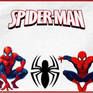 Pu&ograve; includere: L'immagine presenta il logo di Spider-Man e illustrazioni di Spider-Man in pose d'azione. Il supereroe &egrave; raffigurato nel suo classico costume rosso e blu, con un emblema di ragno nero. La parola "SPIDER-MAN" &egrave; in lettere bianche in grassetto.