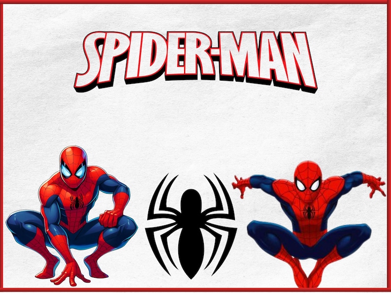 Pu&ograve; includere: L'immagine presenta il logo di Spider-Man e illustrazioni di Spider-Man in pose d'azione. Il supereroe &egrave; raffigurato nel suo classico costume rosso e blu, con un emblema di ragno nero. La parola "SPIDER-MAN" &egrave; in lettere bianche in grassetto.