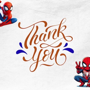 Pu&ograve; includere: Sfondo bianco con la scritta "Thank You" in corsivo marrone, decorata con volute blu. Sono raffigurate due figure di Spider-Man dei cartoni animati, una appesa a una ragnatela e l'altra accovacciata, che fa il segno della pace.
