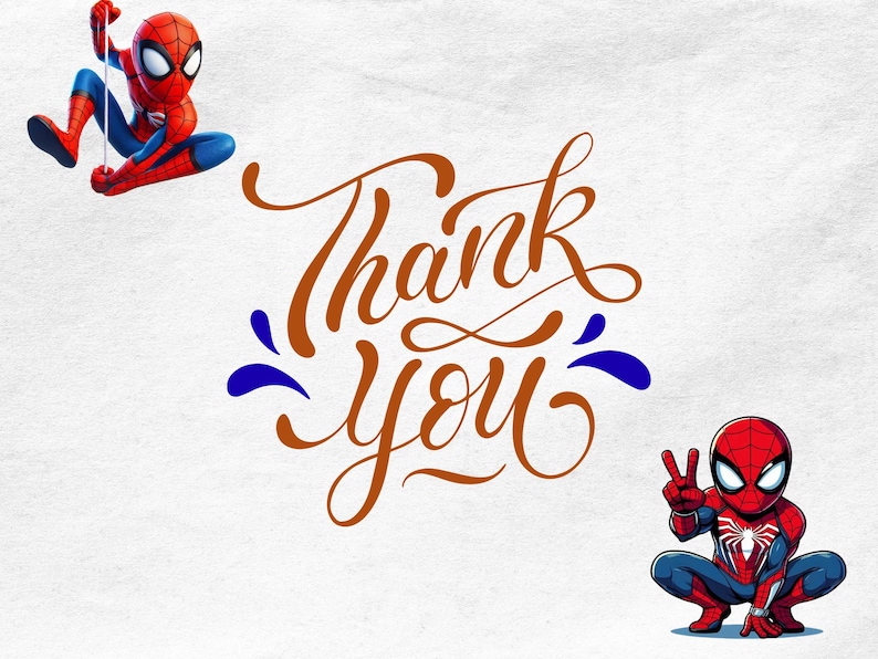 Pu&ograve; includere: Sfondo bianco con la scritta "Thank You" in corsivo marrone, decorata con volute blu. Sono raffigurate due figure di Spider-Man dei cartoni animati, una appesa a una ragnatela e l'altra accovacciata, che fa il segno della pace.