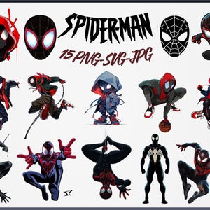 May include: A collection of Spider-Man themed digital graphics. The image includes various illustrations of the superhero in action poses, along with his mask and the word "SPIDERMAN". The graphics are in red, black, and blue.