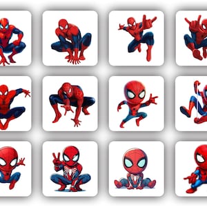 Pu&ograve; includere: Una collezione di dodici adesivi quadrati con Spider-Man in varie pose d'azione. Le illustrazioni mostrano il costume rosso e blu di Spider-Man, con pose dinamiche tra cui accovacciarsi, lanciare ragnatele e posizioni eroiche.