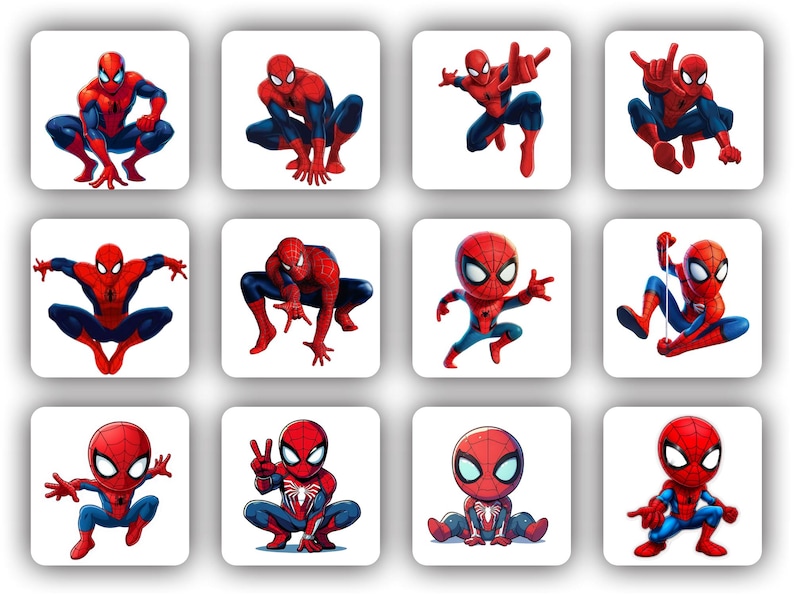 Pu&ograve; includere: Una collezione di dodici adesivi quadrati con Spider-Man in varie pose d'azione. Le illustrazioni mostrano il costume rosso e blu di Spider-Man, con pose dinamiche tra cui accovacciarsi, lanciare ragnatele e posizioni eroiche.