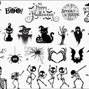 May include: Black and white Halloween-themed illustrations. Includes a witch's hat, the words "Trick or Treat" and "Boo!", a black cat, a pumpkin, a spider, a bat, and skeletons. Also includes the text "Happy Halloween", "In My Spooky Bride Era", and "October 31st".