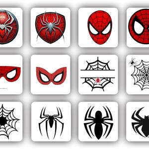 Pu&ograve; includere: Una collezione di immagini quadrate con disegni a tema Spider-Man. Le immagini includono la maschera di Spider-Man, ragnatele ed emblemi di ragni in rosso, nero e bianco. I disegni variano da illustrazioni dettagliate a semplici silhouette.