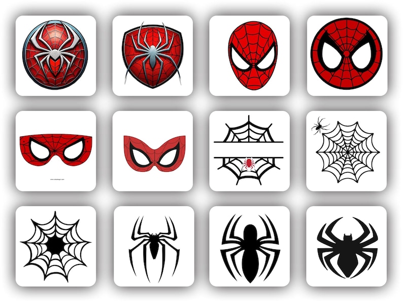 Pu&ograve; includere: Una collezione di immagini quadrate con disegni a tema Spider-Man. Le immagini includono la maschera di Spider-Man, ragnatele ed emblemi di ragni in rosso, nero e bianco. I disegni variano da illustrazioni dettagliate a semplici silhouette.