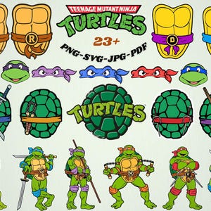May include: A selection of Teenage Mutant Ninja Turtles graphics. The image features various turtle characters, masks, shells, and weapons. Text includes "Teenage Mutant Ninja Turtles" and "23+ PNG-SVG-JPG-PDF". The turtles are in green, yellow, red, purple, blue, and orange.