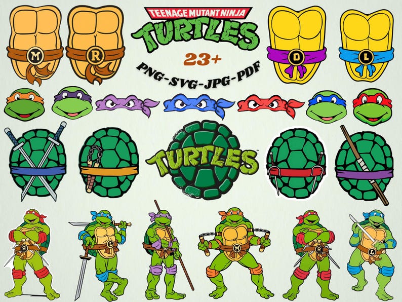 May include: A collection of Teenage Mutant Ninja Turtles graphics. The image includes various turtle characters, masks, shells, and weapons. Text includes "Teenage Mutant Ninja Turtles" and "23+ PNG-SVG-JPG-PDF". The turtles are in green, yellow, red, purple, blue, and orange.