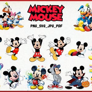 Può includere: Una collezione di illustrazioni del personaggio di Topolino in varie pose, con altri personaggi Disney. L'immagine include il testo "Mickey Mouse" in rosso e "PNG_SVG_JPG_PDF".