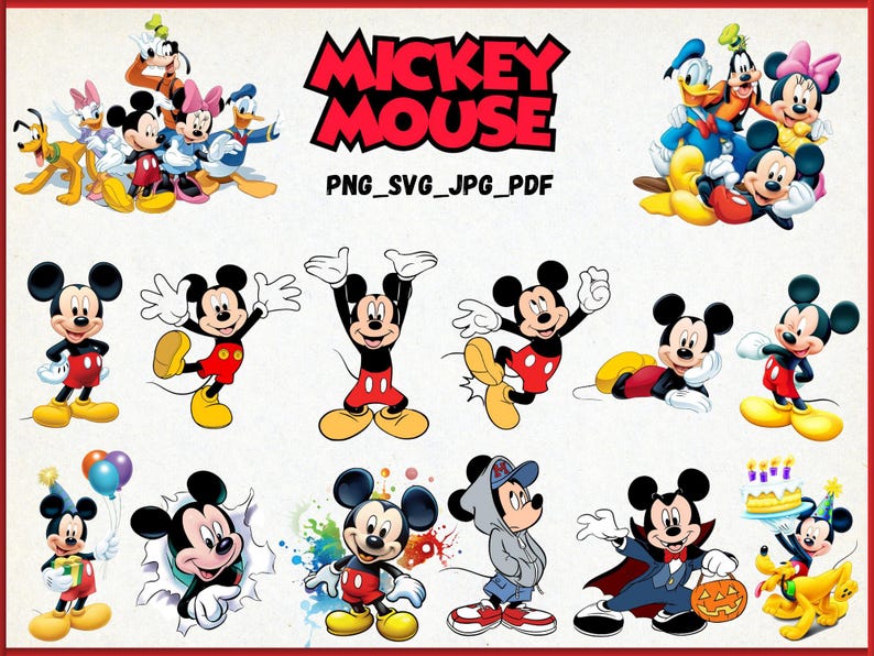 May include: A collection of Mickey Mouse character illustrations in various poses, with other Disney characters. The image includes the text "Mickey Mouse" in red, and "PNG_SVG_JPG_PDF".