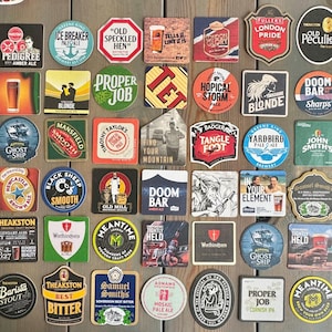 British Beer Mats Collection – 42 Genuine Pub Coasters, Home Bar Decor