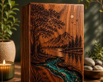 Personalized Walnut Cremation Urn, Mountain Lake Memorial Box, Eagle River Resin Art