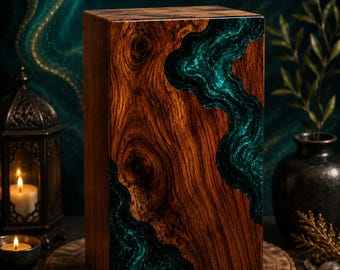 Handcrafted Rosewood Cremation Urn with Teal Epoxy River | Memorial Ashes Keepsake Box