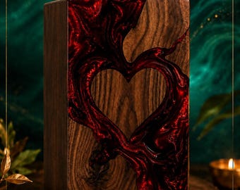 Handmade Walnut Urn with Red Resin Heart, Personalized Memorial Keepsake Box