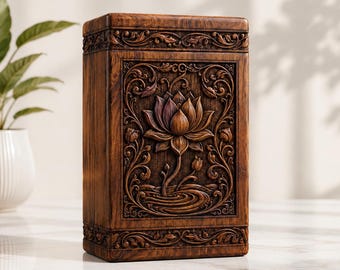 Hand Carved Lotus Indian Rosewood Cremation Urn, Tree of Life Memorial Ashes Box