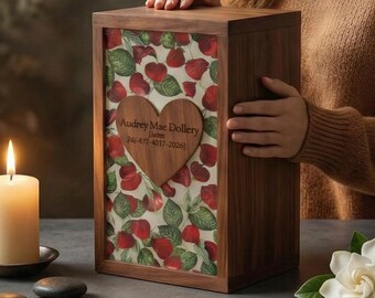 Urna de cremación de madera personalizada / Caja conmemorativa floral con corazón grabado