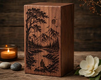 Engraved Walnut Cremation Urn | Mountain River Memorial Keepsake Box