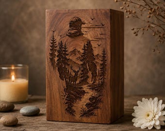 Walnut Cremation Urn, Engraved Mountain Nature Scene, Hunter Memorial Keepsake Box