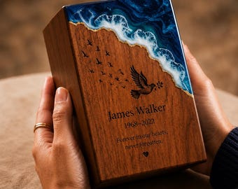 Handmade Walnut Urn, Ocean Wave Epoxy Resin Cremation Keepsake, Custom Engraved Memorial Box
