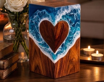 Urna de madera personalizada, grabado de resina con diseño de olas del océano, caja de cremación personalizada, recuerdo conmemorativo.