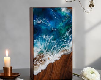 Urna funeraria de palisandro artesanal con incrustaciones de resina de olas del océano, recuerdo personalizado