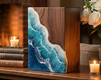 Urna de nogal hecha a mano con resina de olas del océano – Caja de recuerdos conmemorativa costera