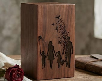 Urna de madera personalizada, caja conmemorativa grabada con la silueta familiar.
