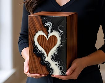 Ocean Wave Resin Wood Urn, Heart Memorial Keepsake, Rosewood Ashes Box