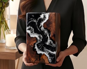 Handmade Wooden Resin Urn, Modern Memorial Keepsake Box, Artistic Epoxy Cremation Vessel