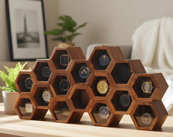 Caja de exhibición de relojes de panal de abeja de palisandro hecha a mano, organizador hexagonal moderno