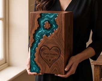 Handmade Wooden Cremation Urn, Teal Epoxy Resin Memorial Box, Custom Engraved Heart Keepsake