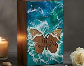 Urna de madera con forma de mariposa hecha a mano – Caja de recuerdo de cremación con arte de resina azul océano