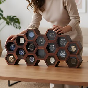 Rosewood Honeycomb Watch Box Organizer, Wall Mounted Display Case