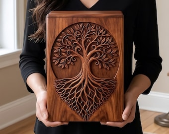 Urna funeraria de madera de palisandro indio Árbol de la Vida / Caja conmemorativa tallada a mano para cenizas