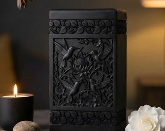 Urna de colibrí de palisandro, caja conmemorativa floral grabada, contenedor para cenizas de cremación de adultos