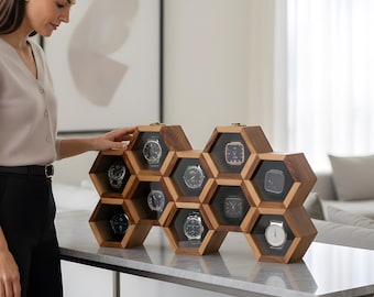 Vitrina para relojes de palisandro con diseño de panal de abeja – Organizador moderno de relojes para montaje en pared