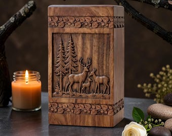 Hand Carved Rosewood Cremation Urn, Deer Family Memorial Wildlife Urn, Personalized Keepsake