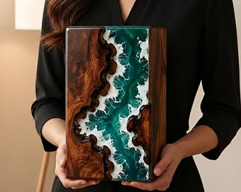 Handmade Wooden Rosewood Urn, Ocean Wave Resin Memorial Keepsake Box