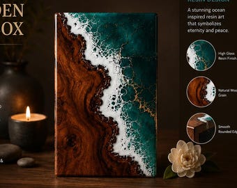 Handmade Ocean Wave Resin Wooden Urn Box | Memorial Keepsake for Ashes